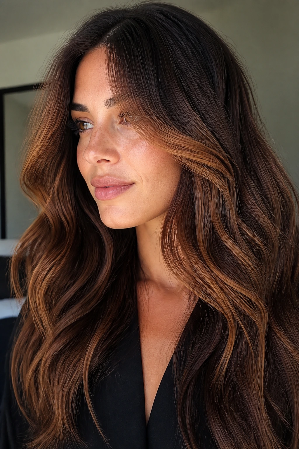 Close-up portrait of a real woman with toffee auburn blend on thick hair under natural light.