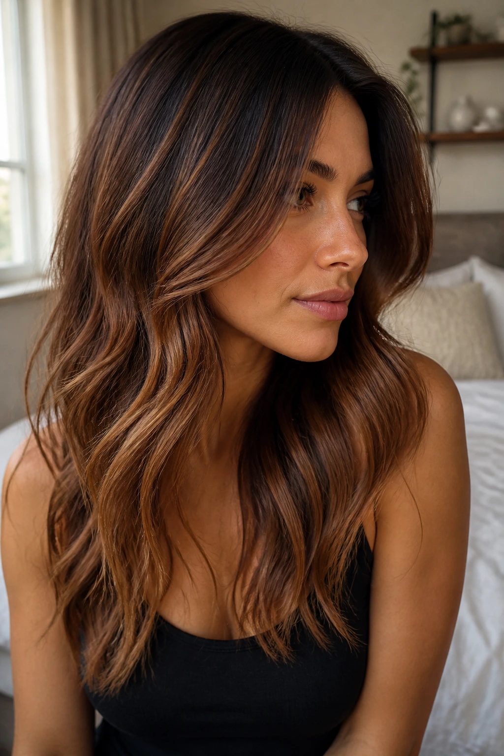 Close-up portrait of brunette with a toffee auburn melt hair color