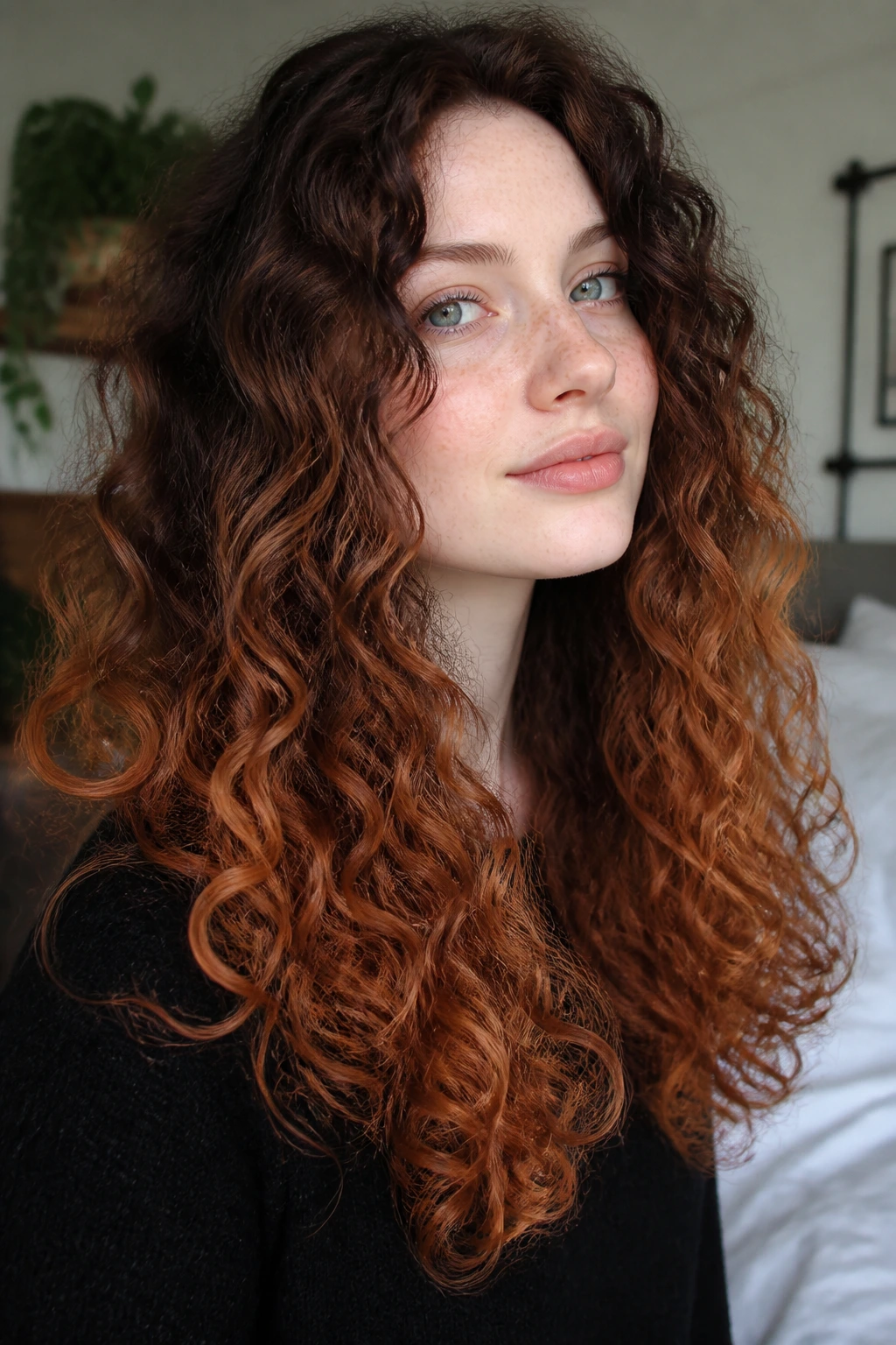 Close-up of a real woman with toffee auburn ombre on long curls