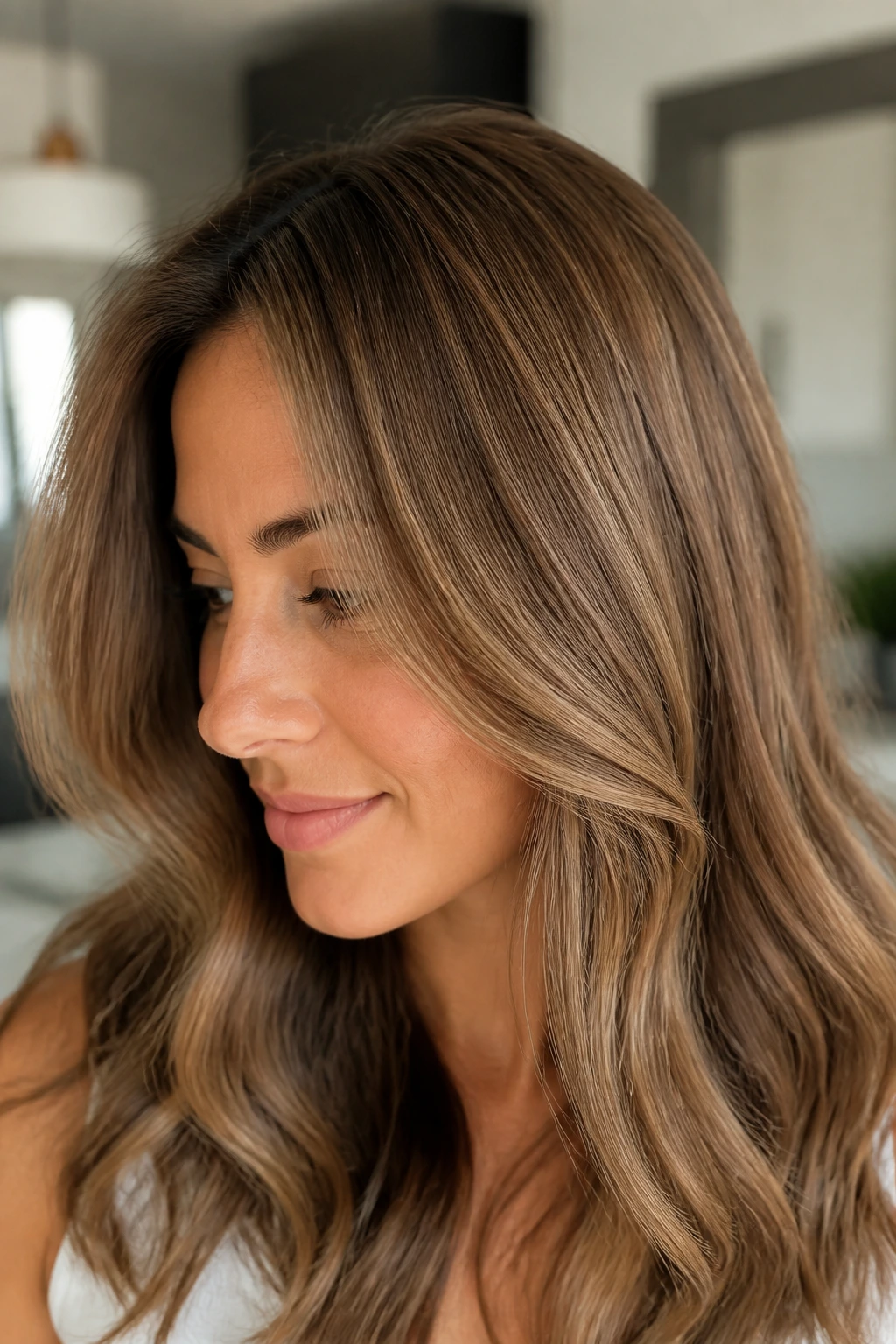 Close-up of hair with delicate toffee babylights for subtle lift.