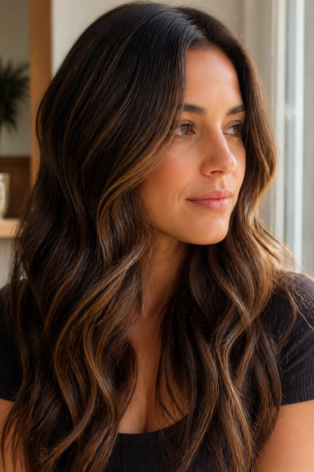 Brunette with toffee babylights creating soft overall glow