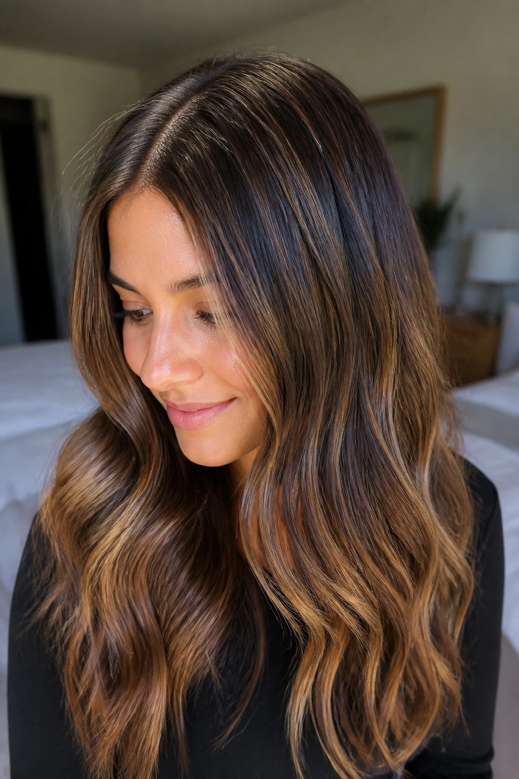 Close-up of a woman with many tiny toffee babylights across dark hair.