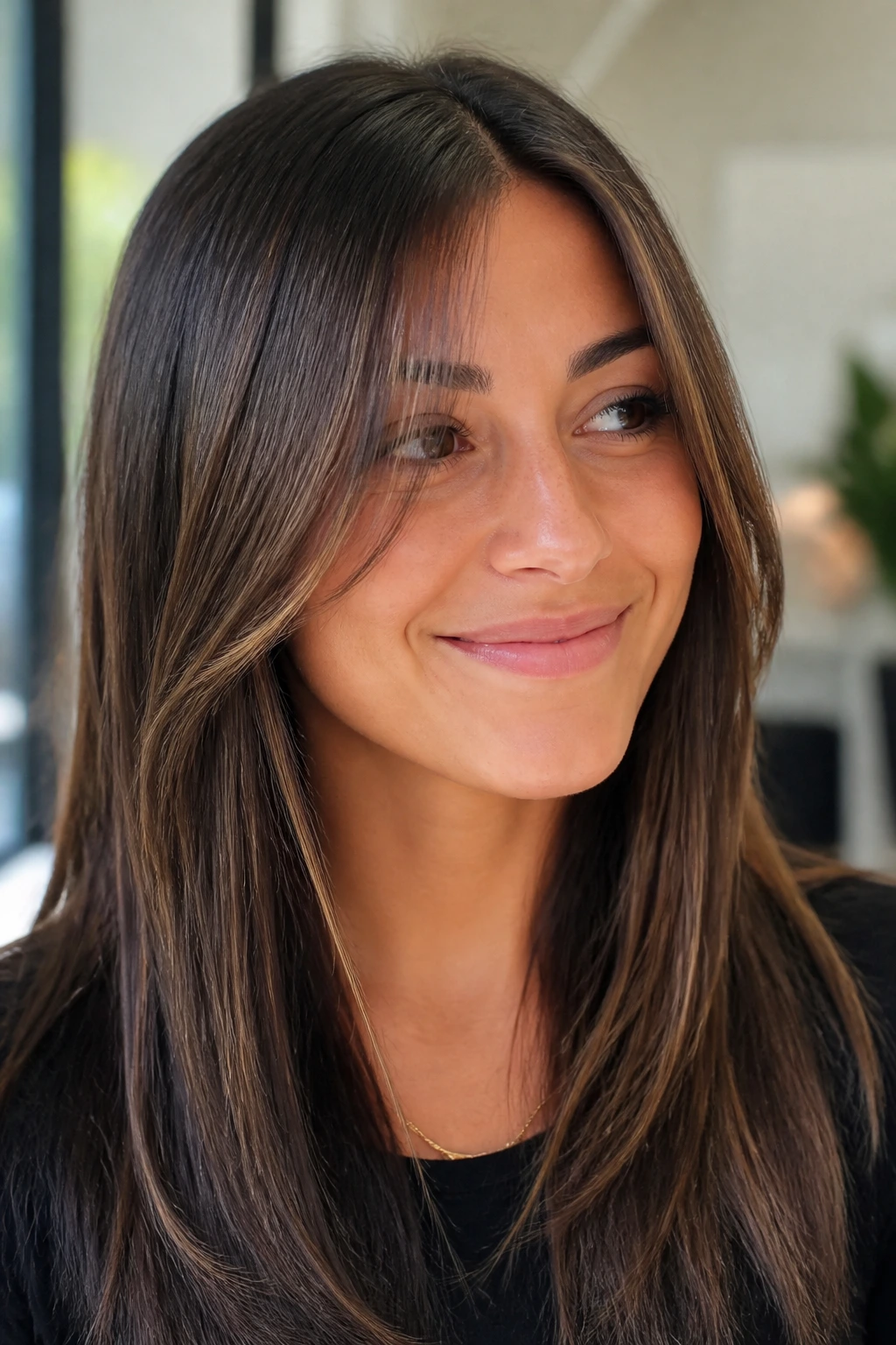 Straight dark hair with subtle toffee babylights glow