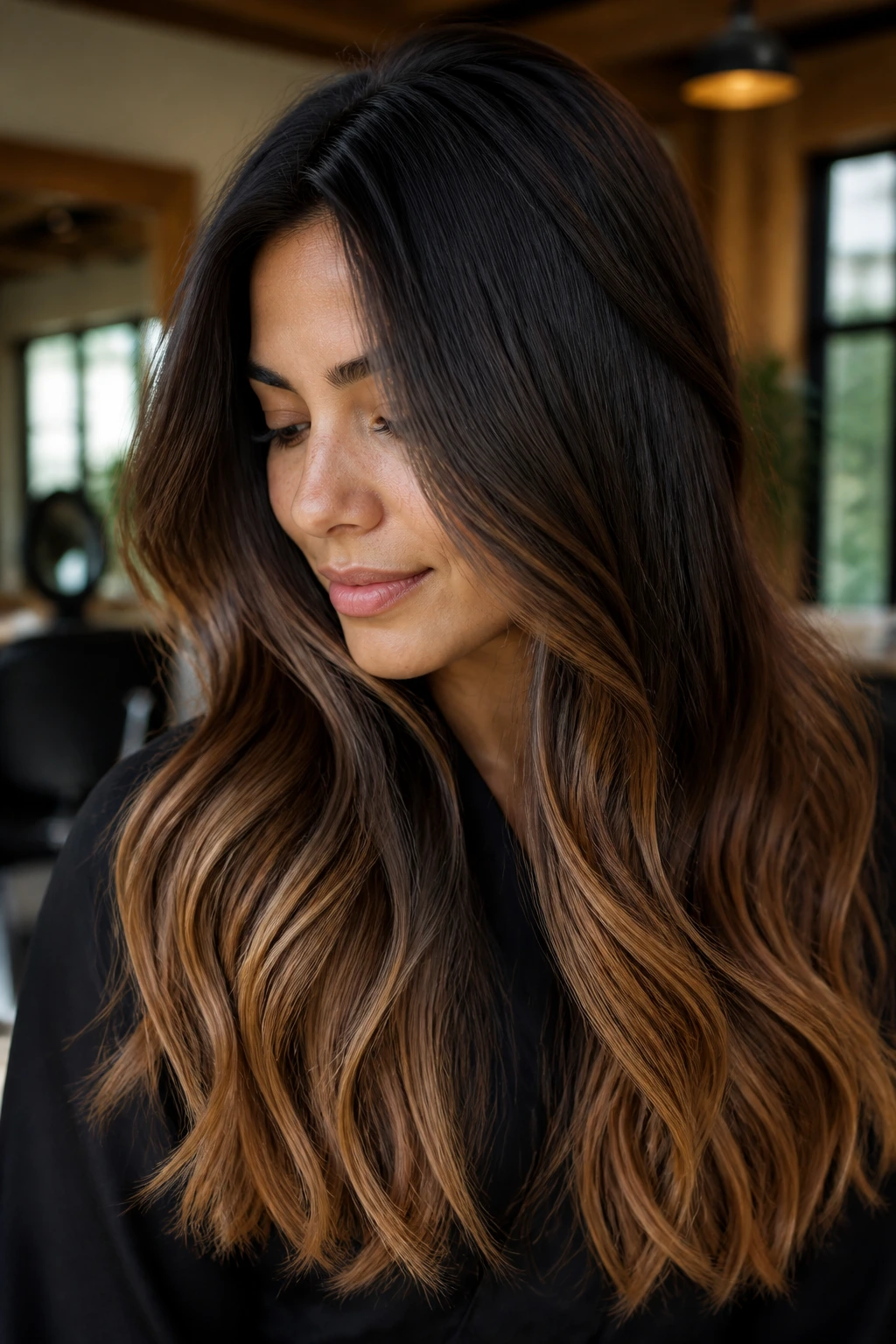 Close-up of brunette with toffee balayage ends on tan skin
