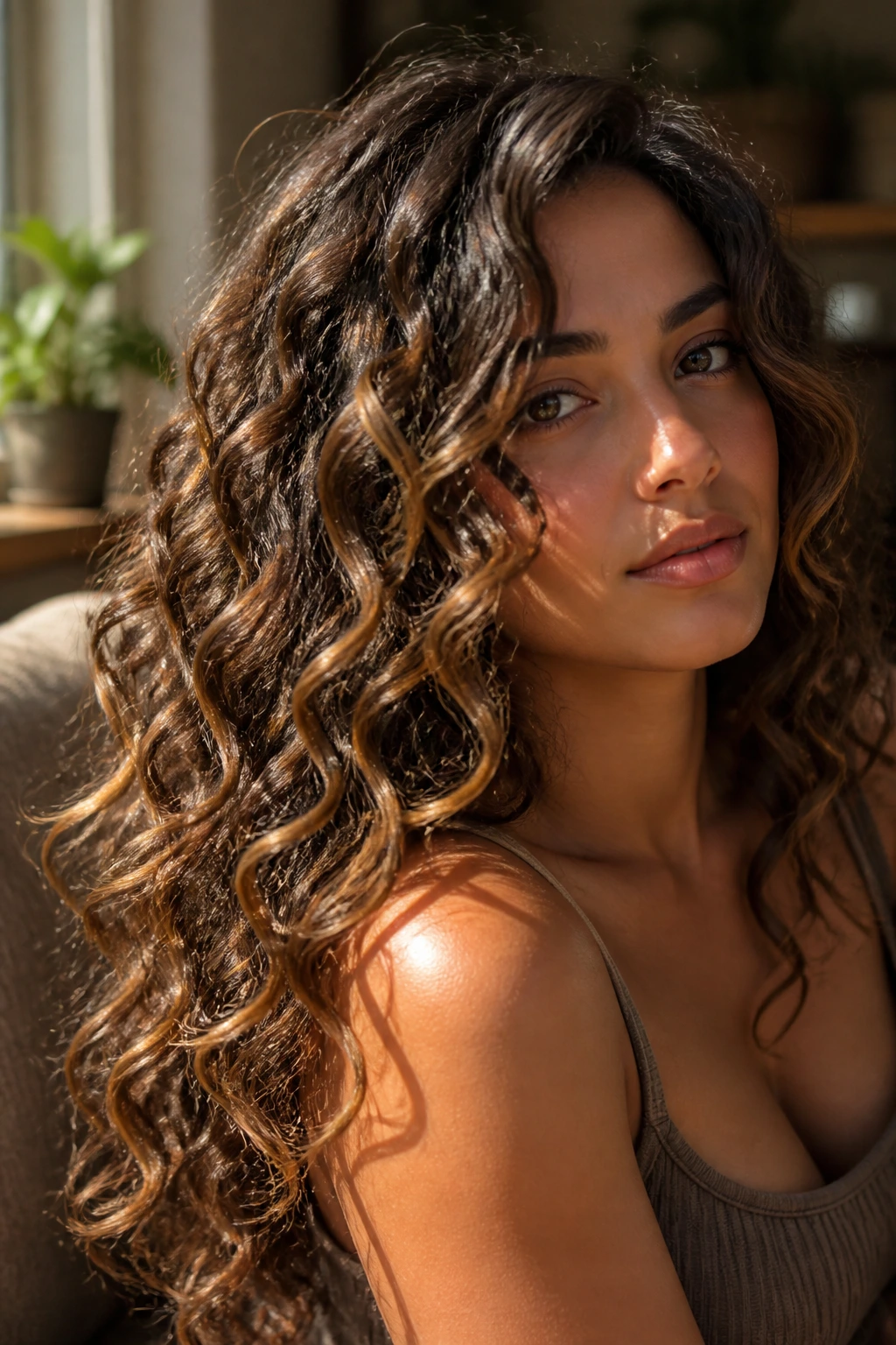 Real woman with toffee spiral lights on brunette curls close-up