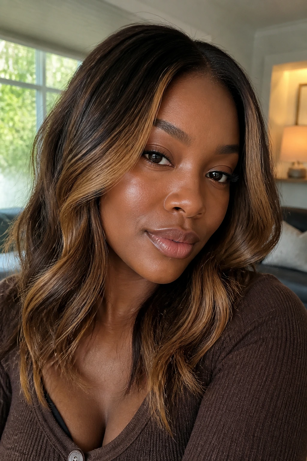 Close-up portrait with face-framing toffee balayage around the cheeks