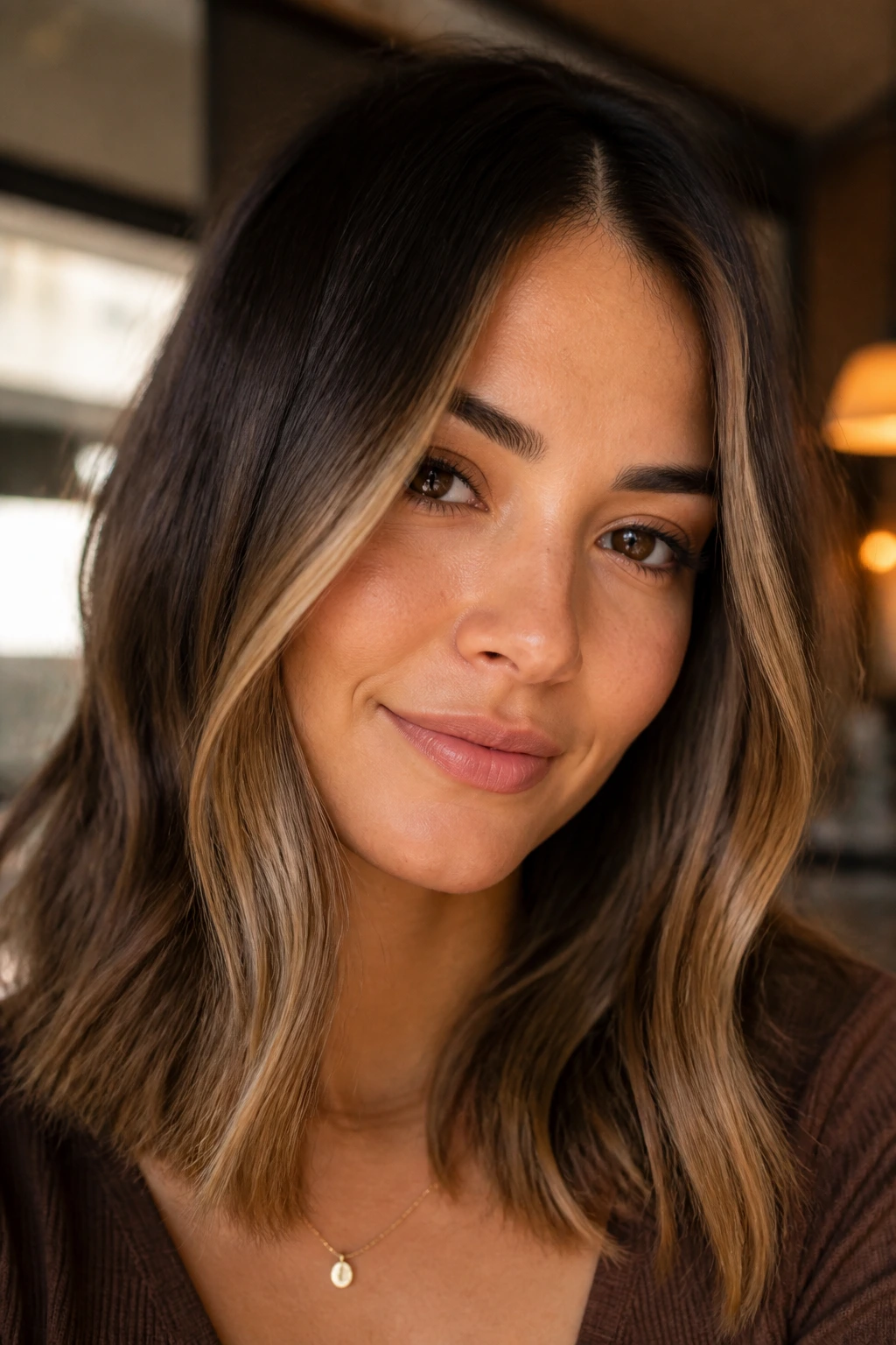 Close-up of toffee face-framing balayage framing the cheeks on a real person
