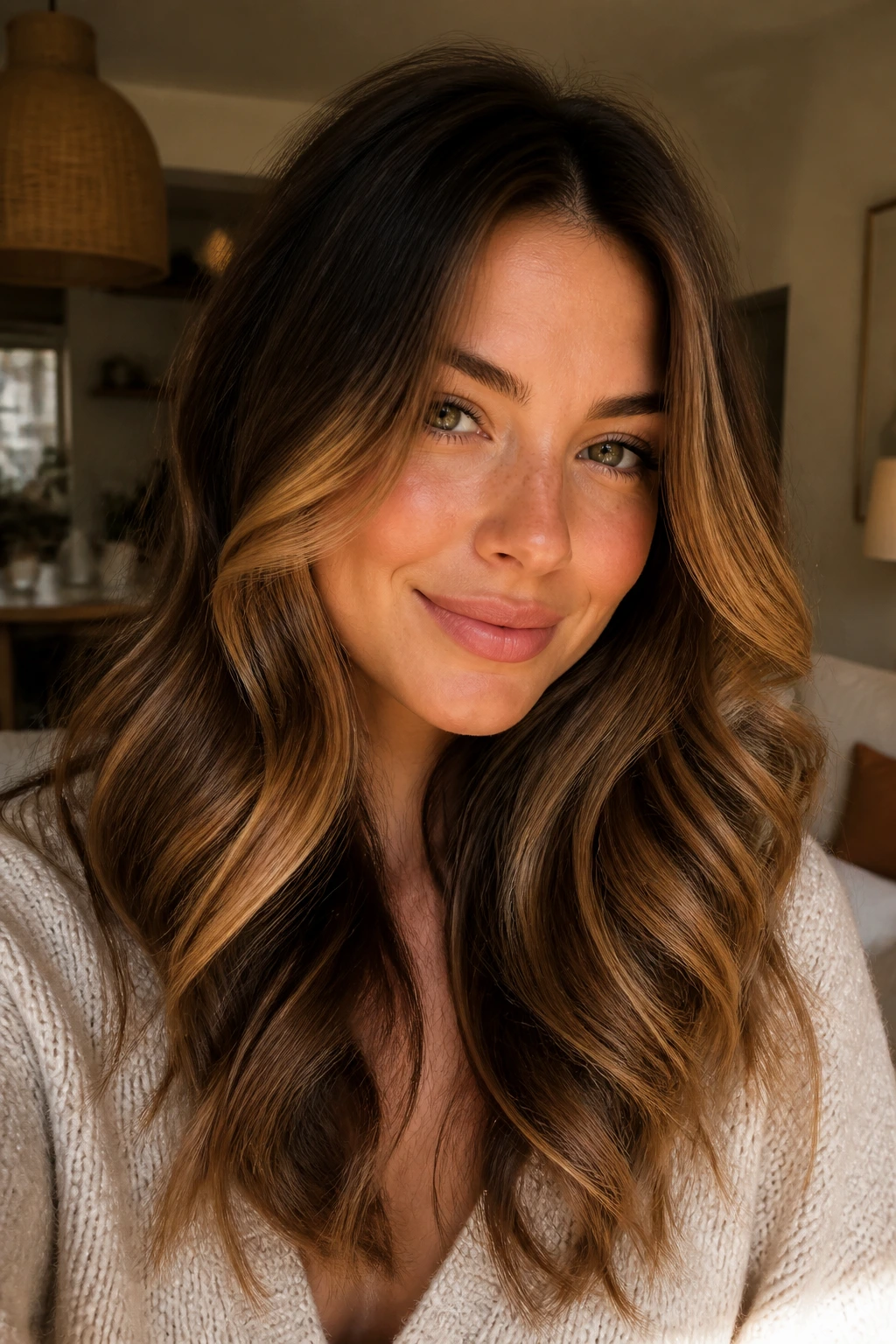 Close-up portrait of a real woman with toffee balayage and front highlights