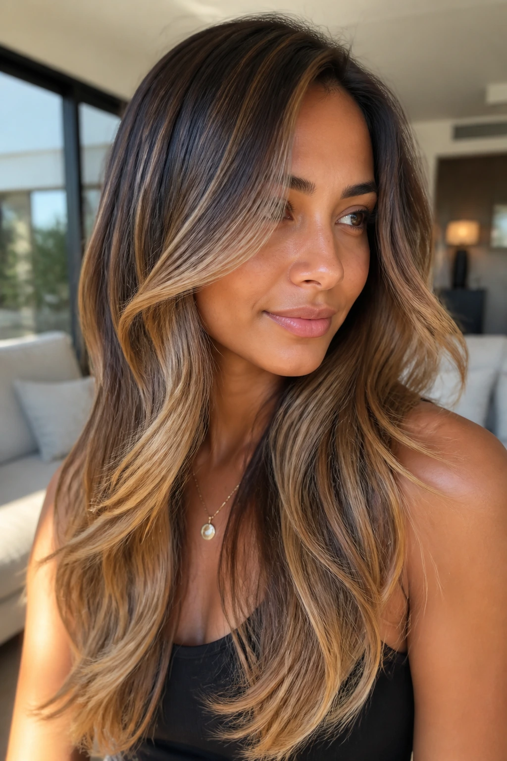 Long layered hair with toffee balayage on a real woman
