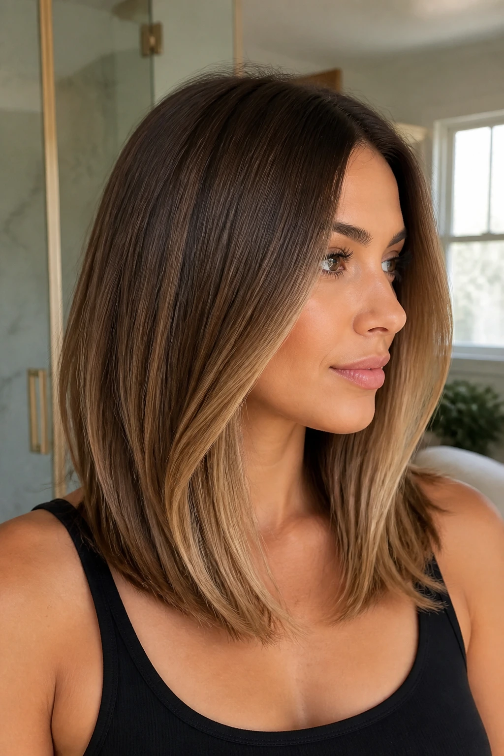 Long bob with toffee balayage, warm caramel tones along lower half.