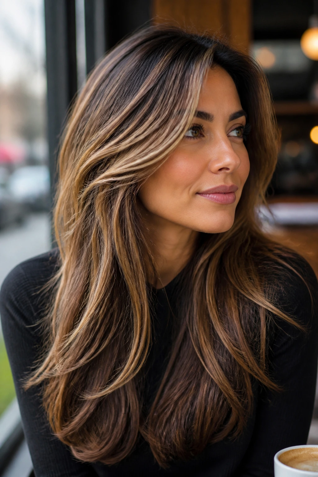 Close-up of toffee balayage with soft lowlight panels on layered hair