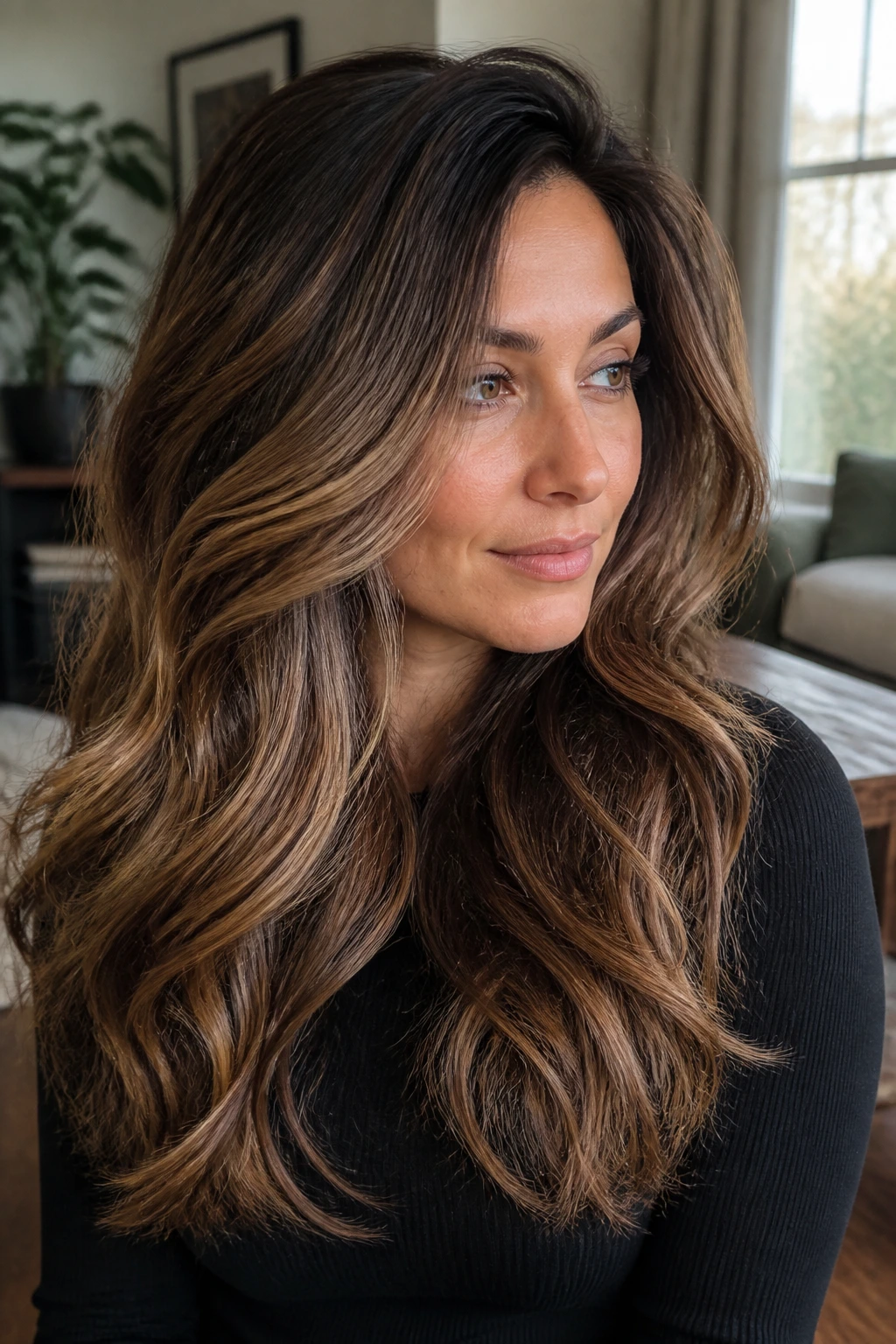 Close-up thick-haired woman with melted toffee balayage