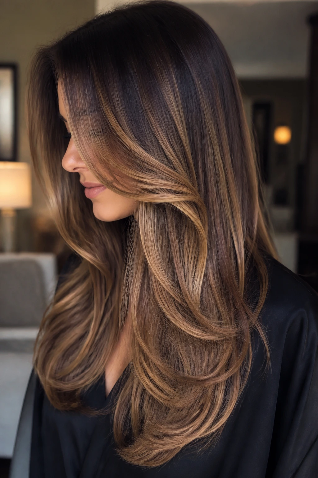 Profile of long hair with toffee balayage in U-shaped layers