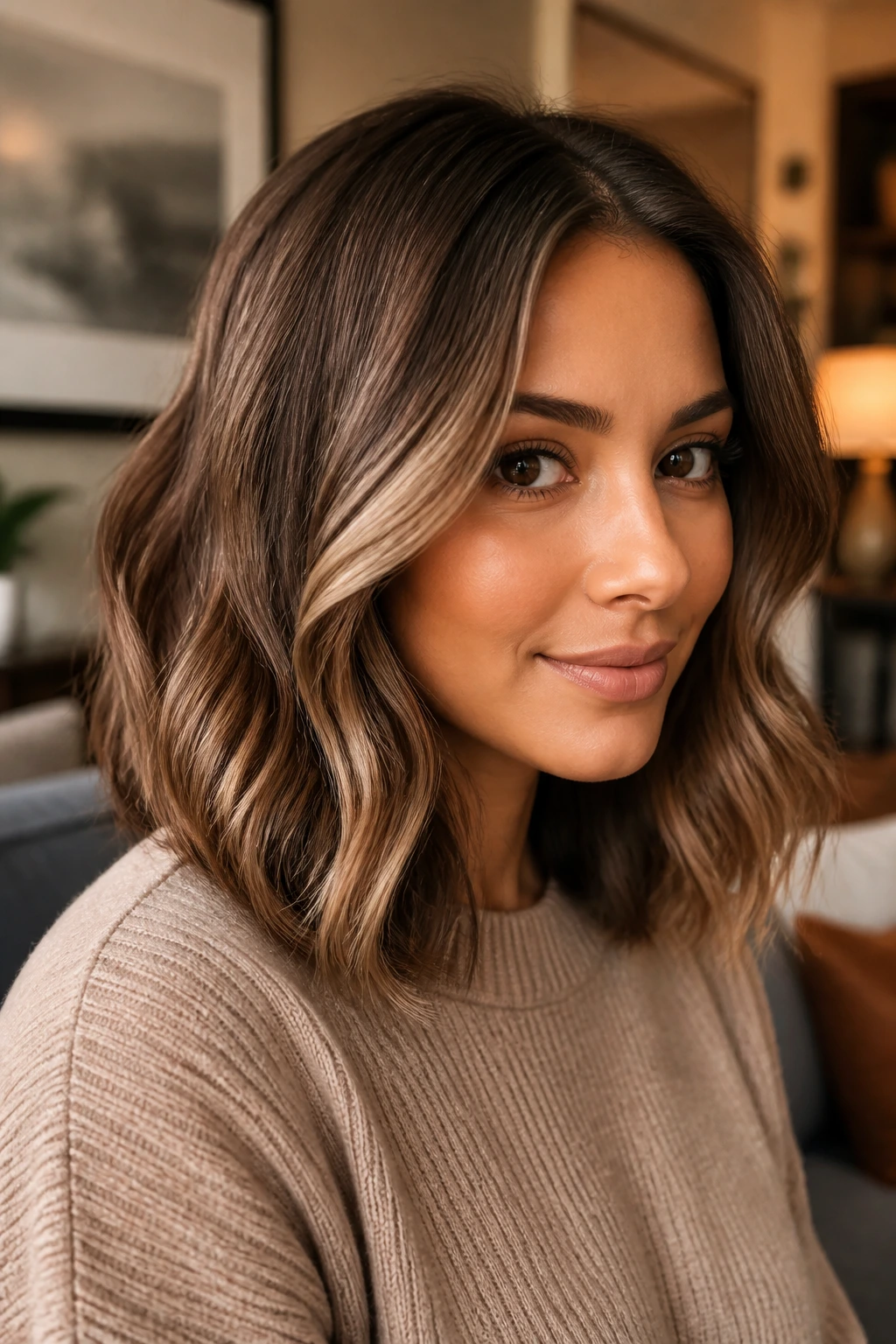 Portrait of a woman with toffee beige brunette hair and creamy melt