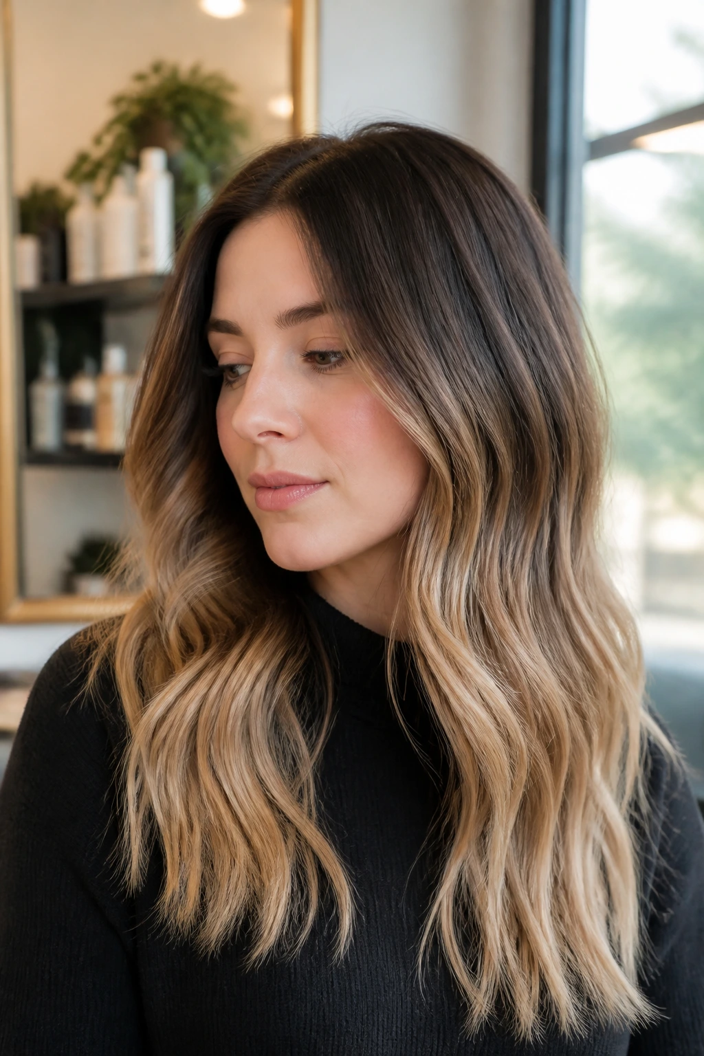 Close-up of a real woman with dark hair in a toffee-to-beige ombré, pink undertone skin, salon setting