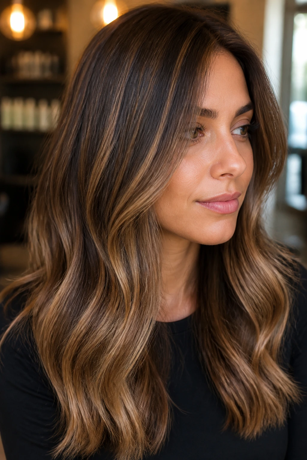 Close-up brunette with toffee babylights blending into the base for a natural warm look.