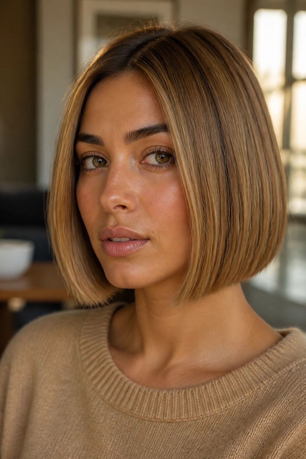 Close-up portrait of a real woman with a toffee blonde blunt bob on olive skin, warm window light.