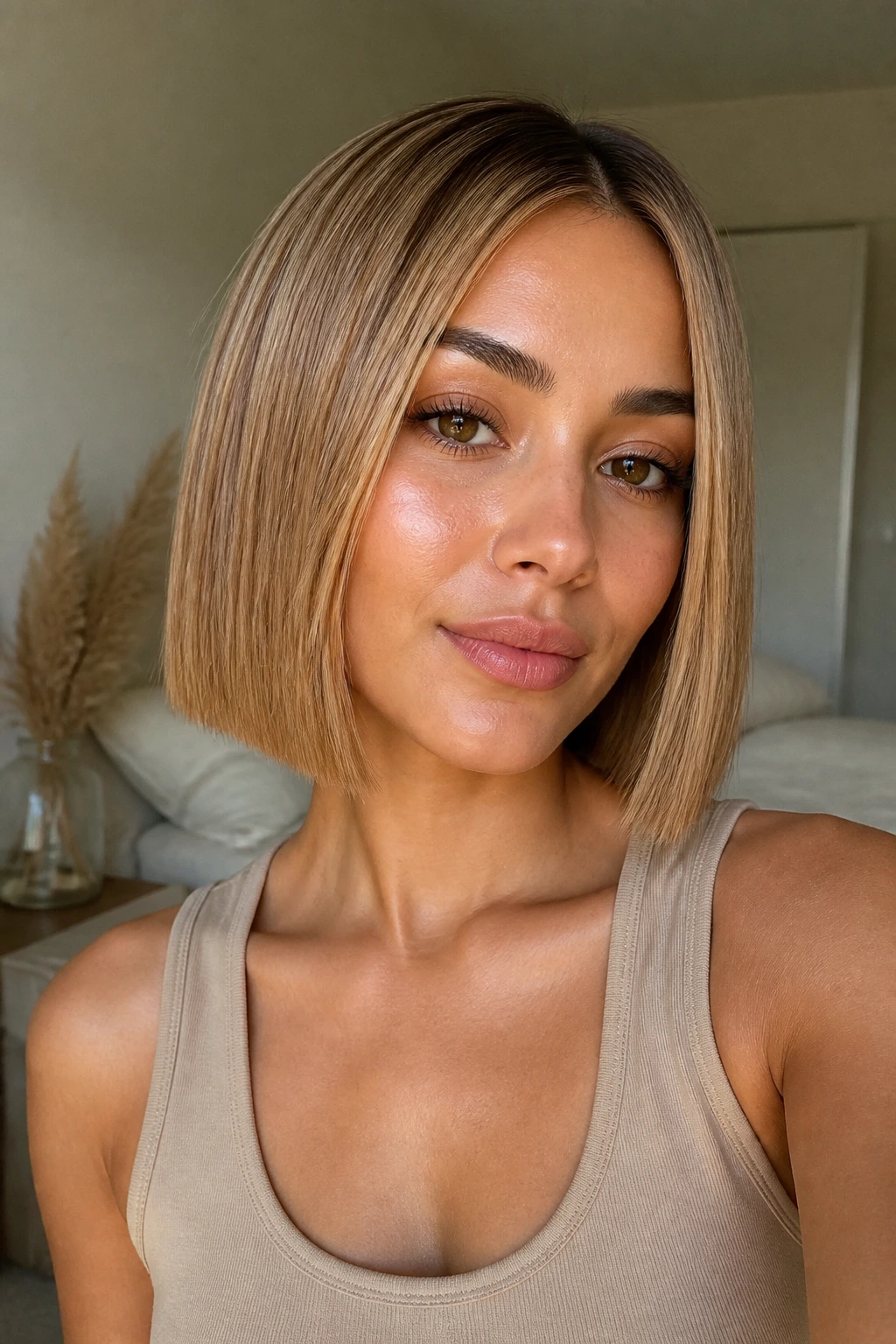 Close-up of real woman with toffee-blonde blunt cut in natural window light