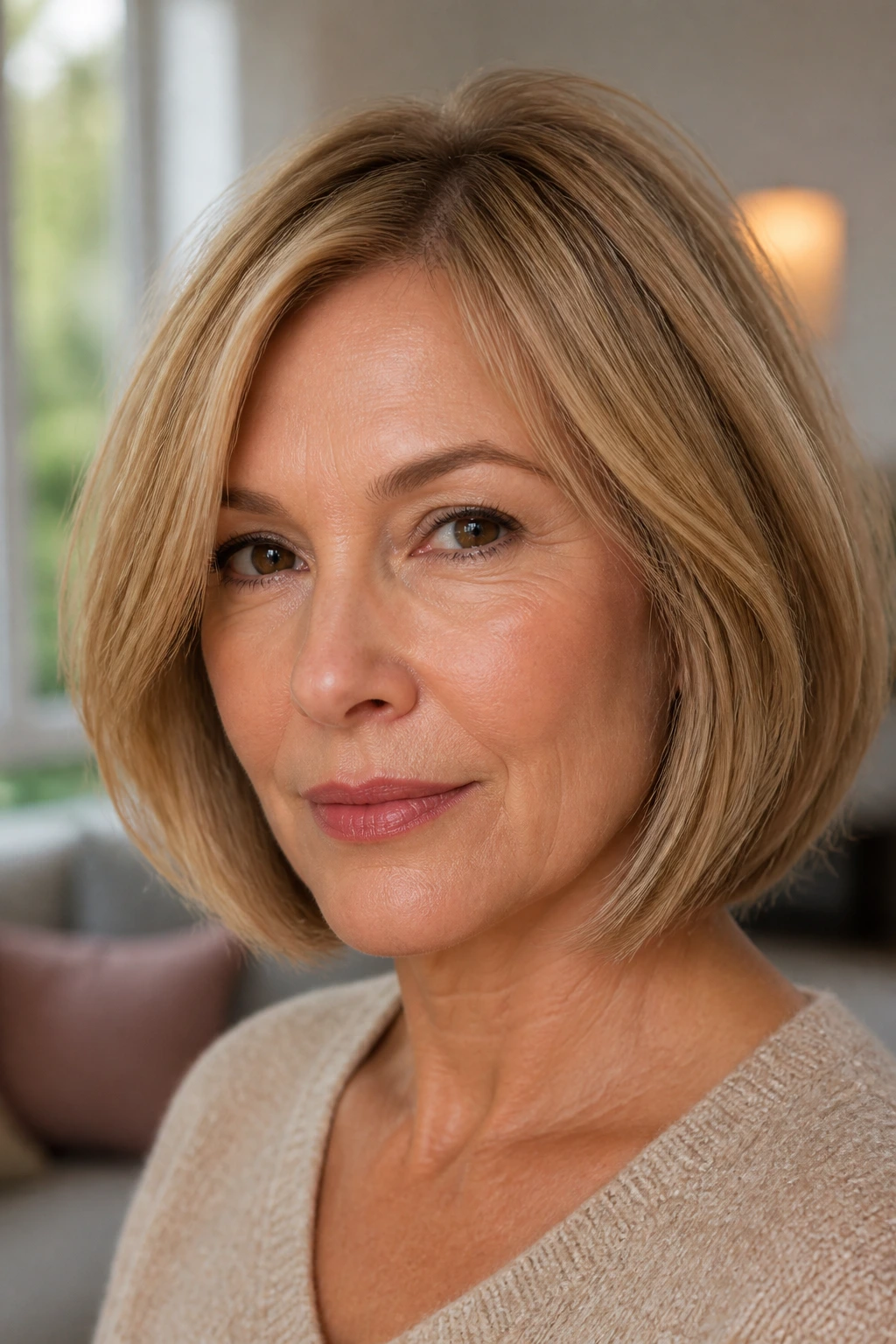 Close-up of a woman with a toffee blonde chin-length bob in warm window light