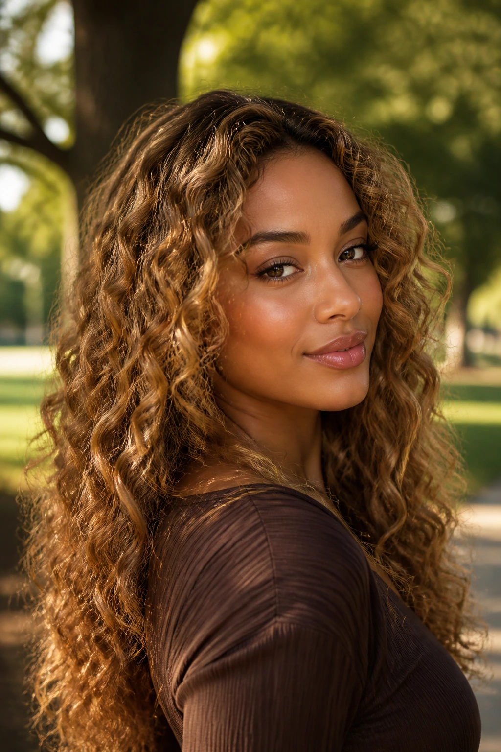 Close-up portrait of a real woman with toffee blonde curls in park sunlight.