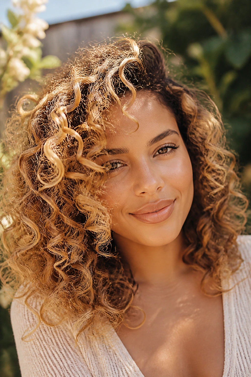 Close-up of a warm-skinned woman with toffee blonde curls and depth.