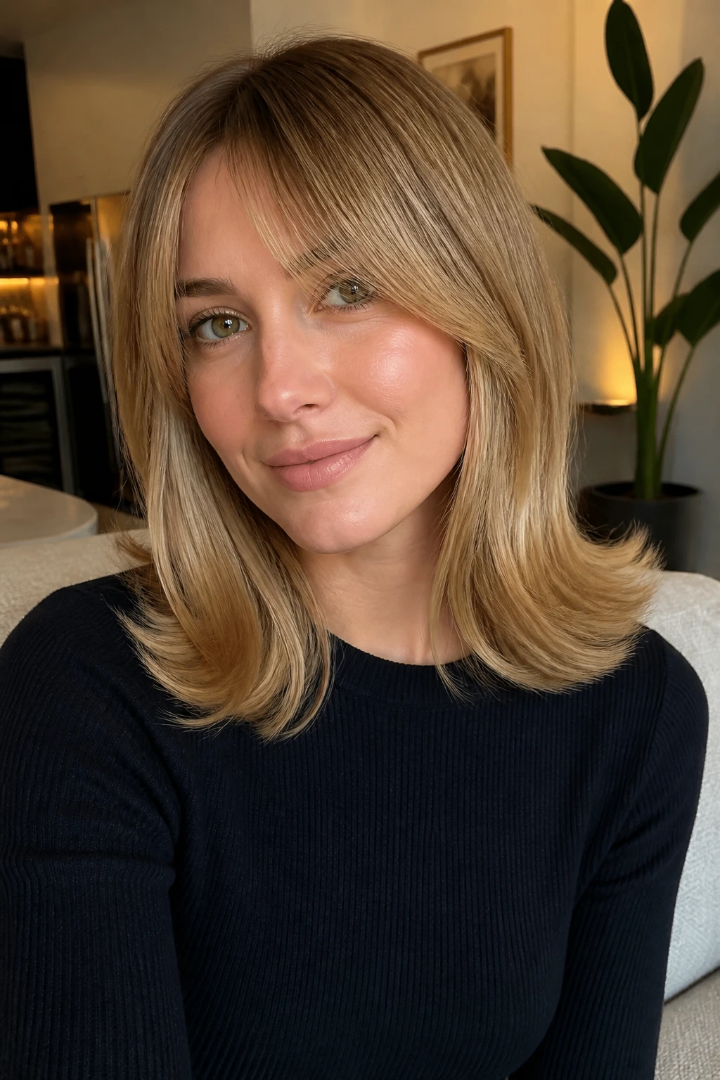 Close-up of a real woman with toffee blonde hair and flipped-out curtain bangs