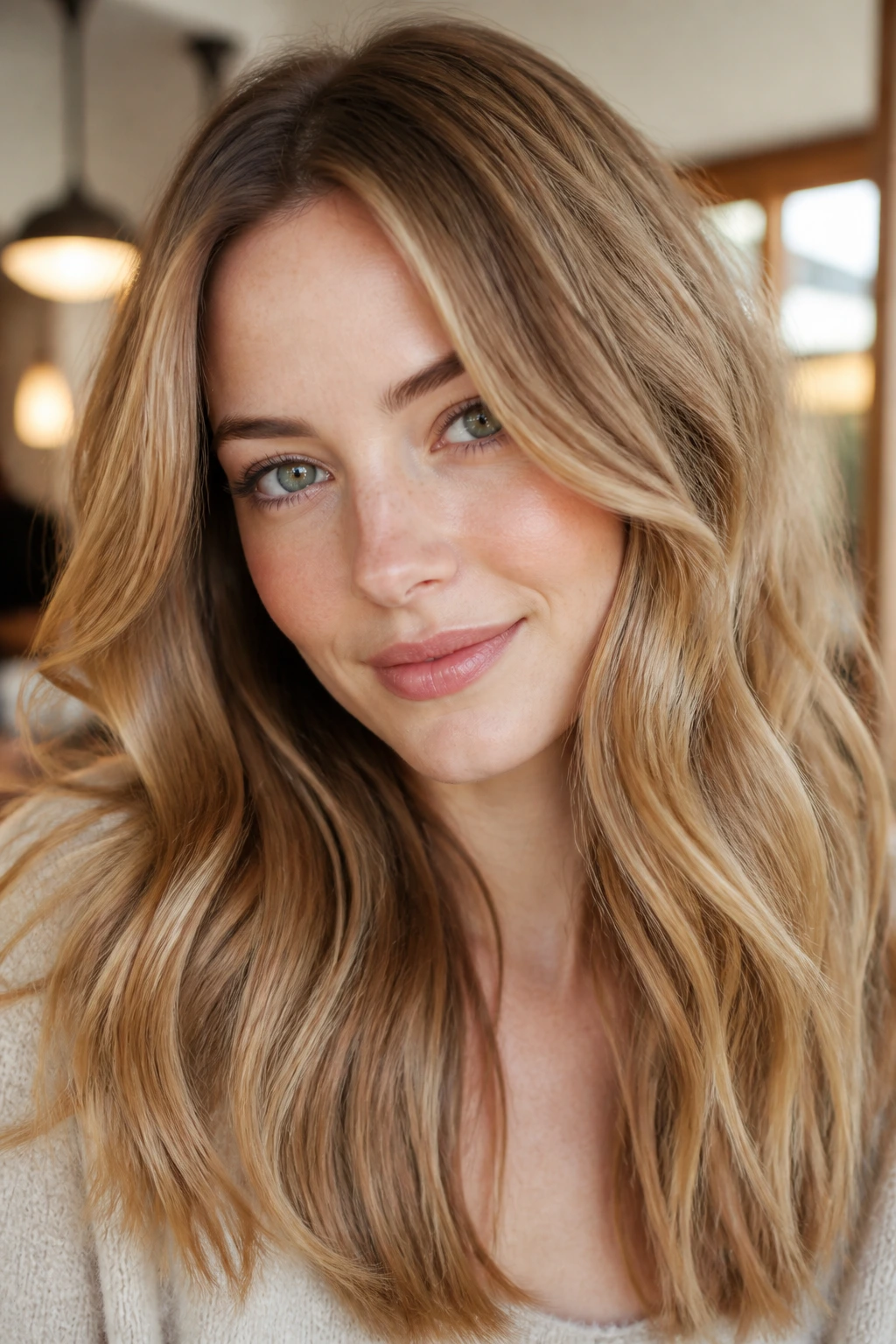 Close-up portrait of a real woman with toffee blonde hair and depth at the crown
