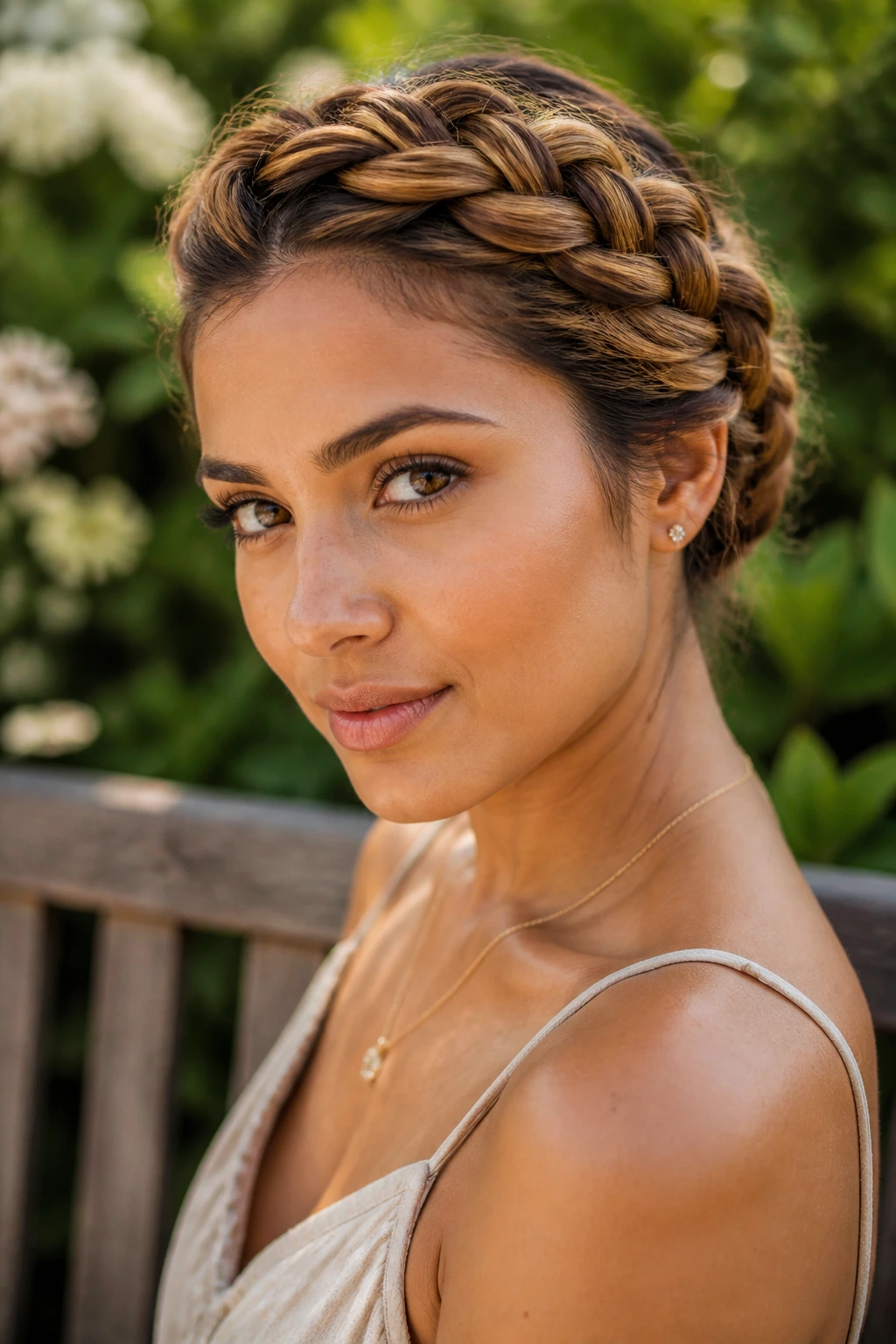 Close-up portrait of a real woman with a toffee braided crown