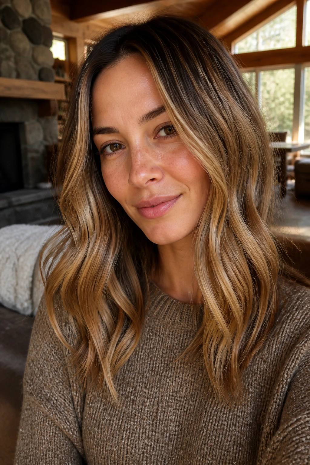 Close-up of a real woman with Toffee Bronde Melt hair: brown roots, toffee blonde mid-lengths, warm skin.