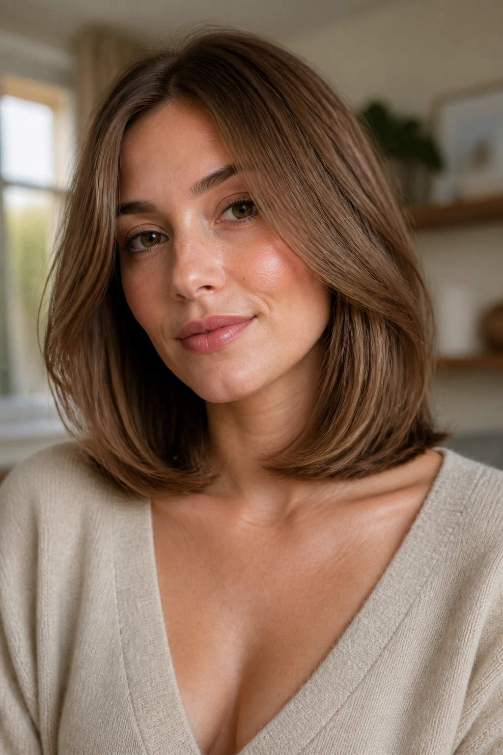 Close-up portrait of a woman with a tucked-under lob in toffee brown color.