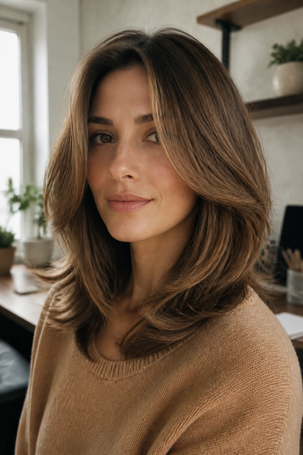 Close-up of a real woman with toffee brown mid-length layers framing the face.
