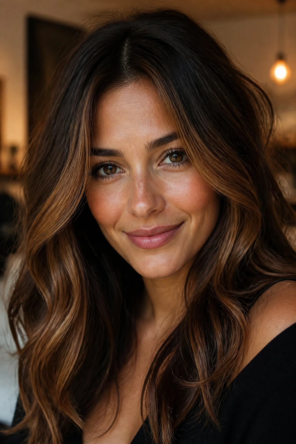 Toffee-brunette hairstyle with soft face-framing highlights around the cheeks