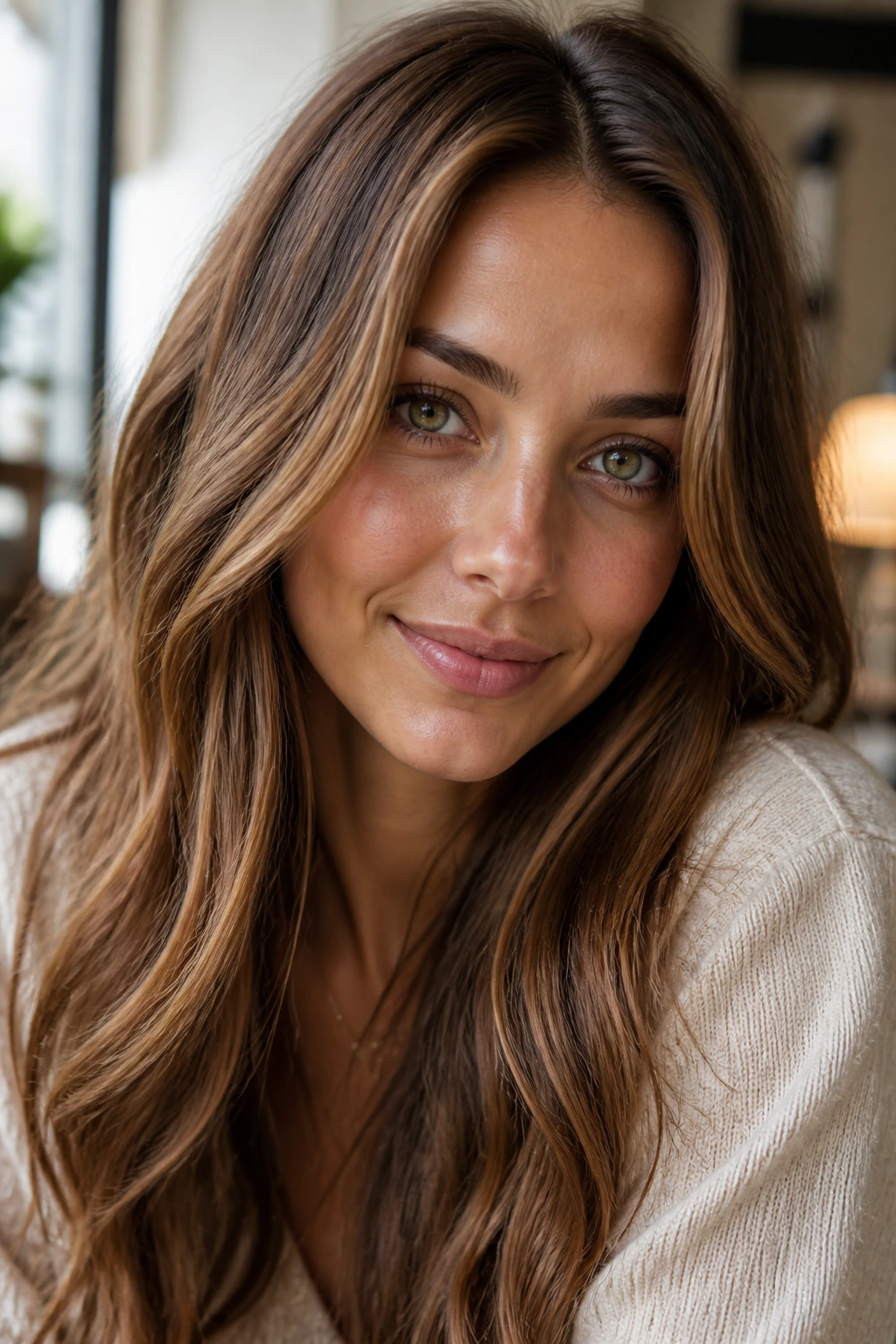 Close-up portrait of a real woman with beige-gold toffee hair