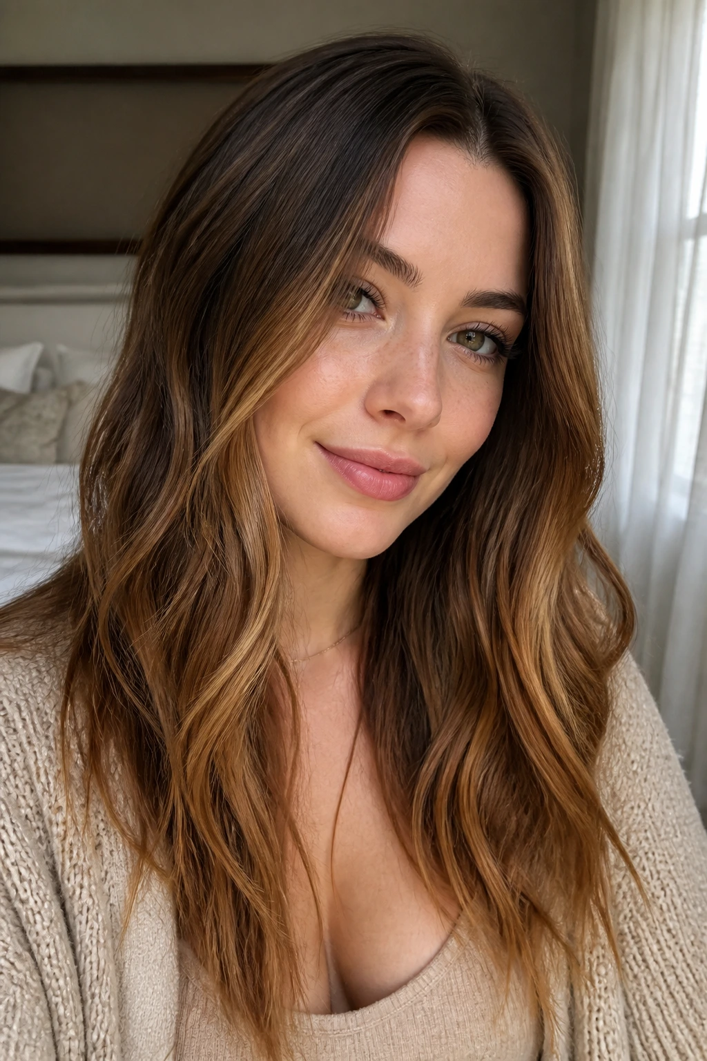 Close-up of a real woman with Toffee Brunette hair in warm window light
