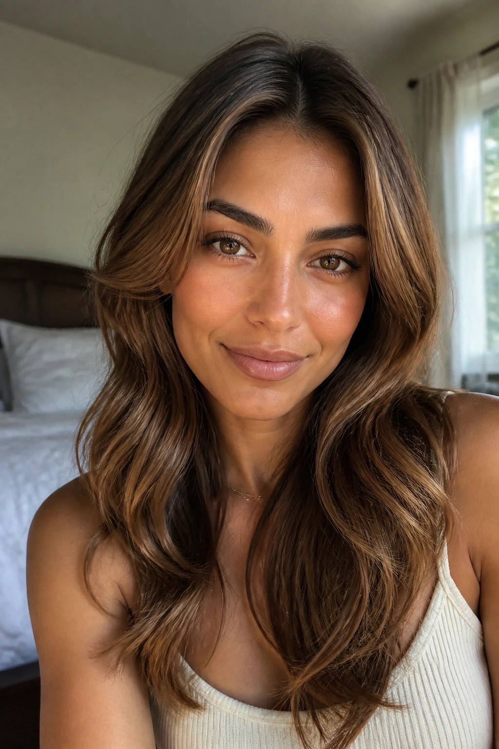 Real woman with toffee brunette hair and subtle root depth in soft morning light.