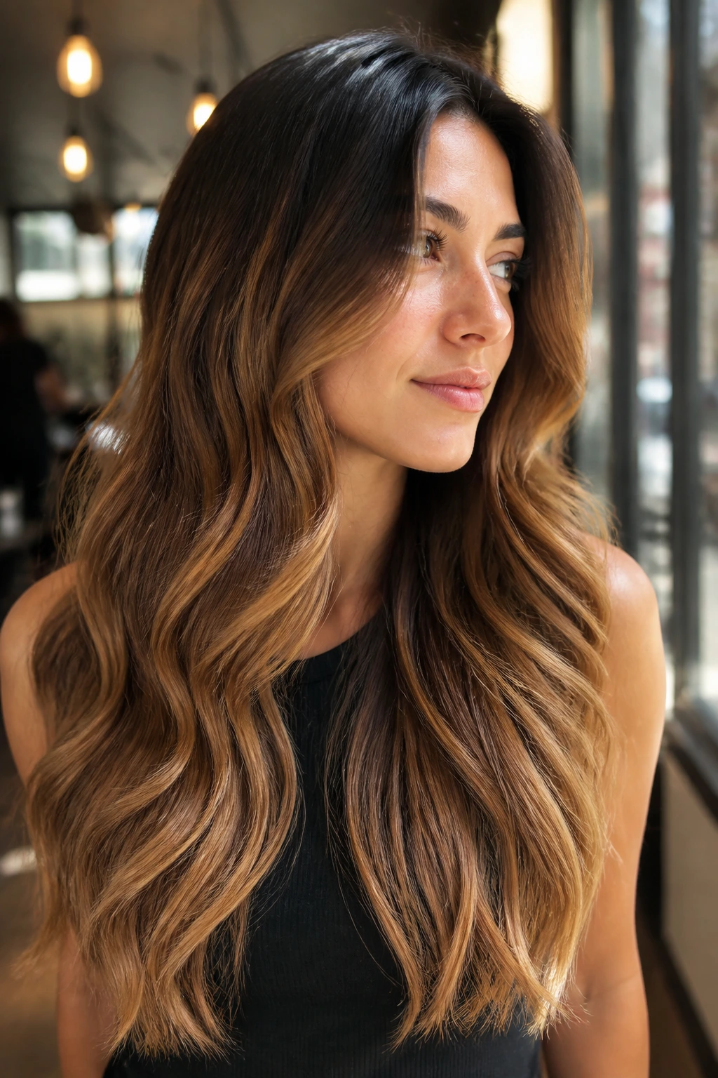 Close-up portrait of a real woman with toffee brunette ombré hair, dark roots fading toffee ends