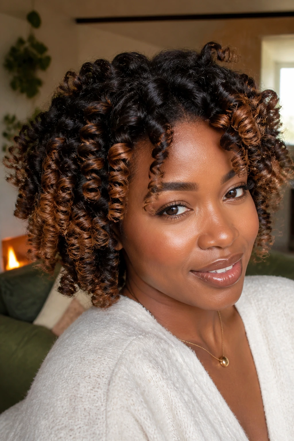 Close-up of a real woman with a toffee caramel bantu knot-out
