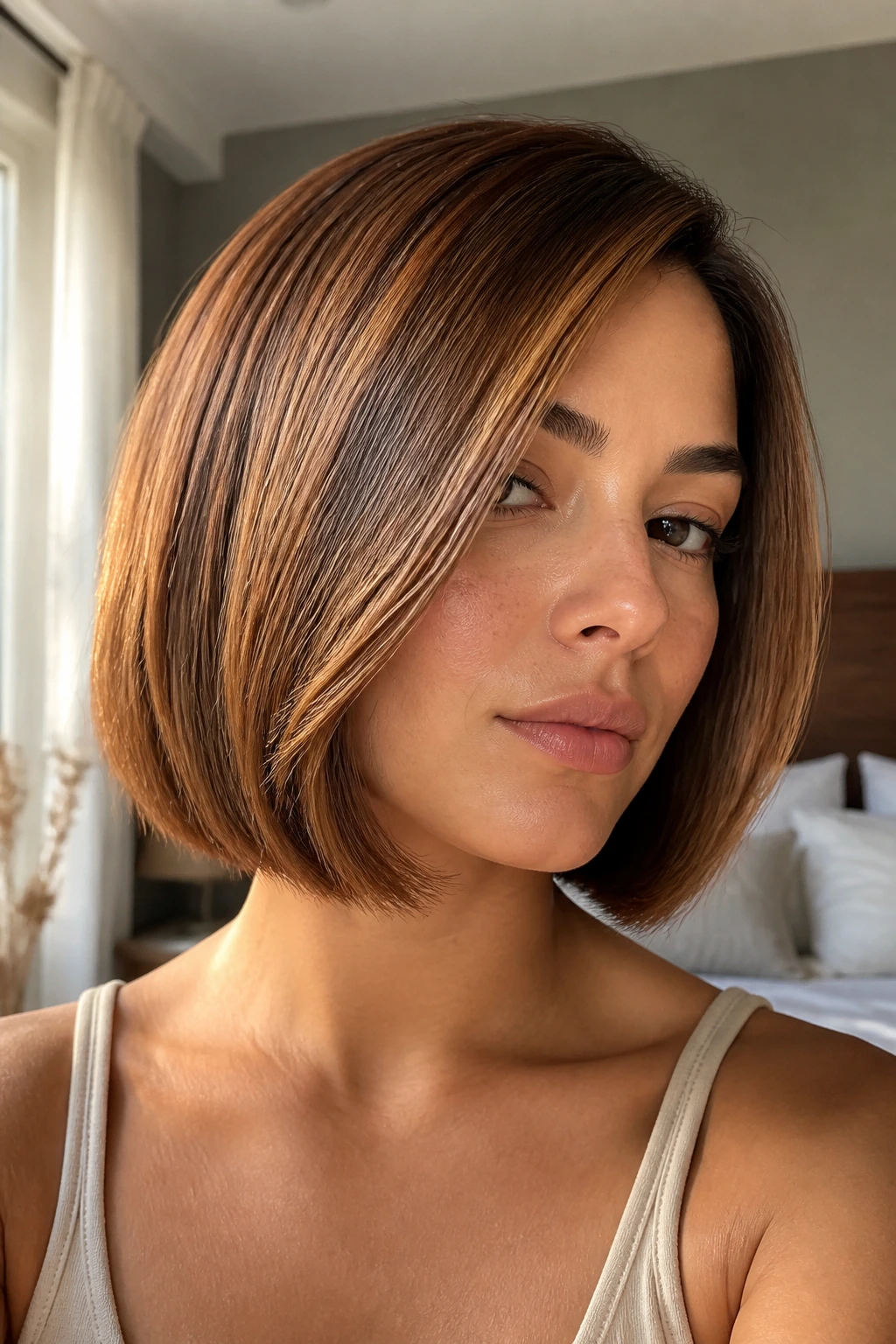 Close-up of a real person with a Toffee Caramel Bob hairstyle, glossy warm-toned chin-length hair.
