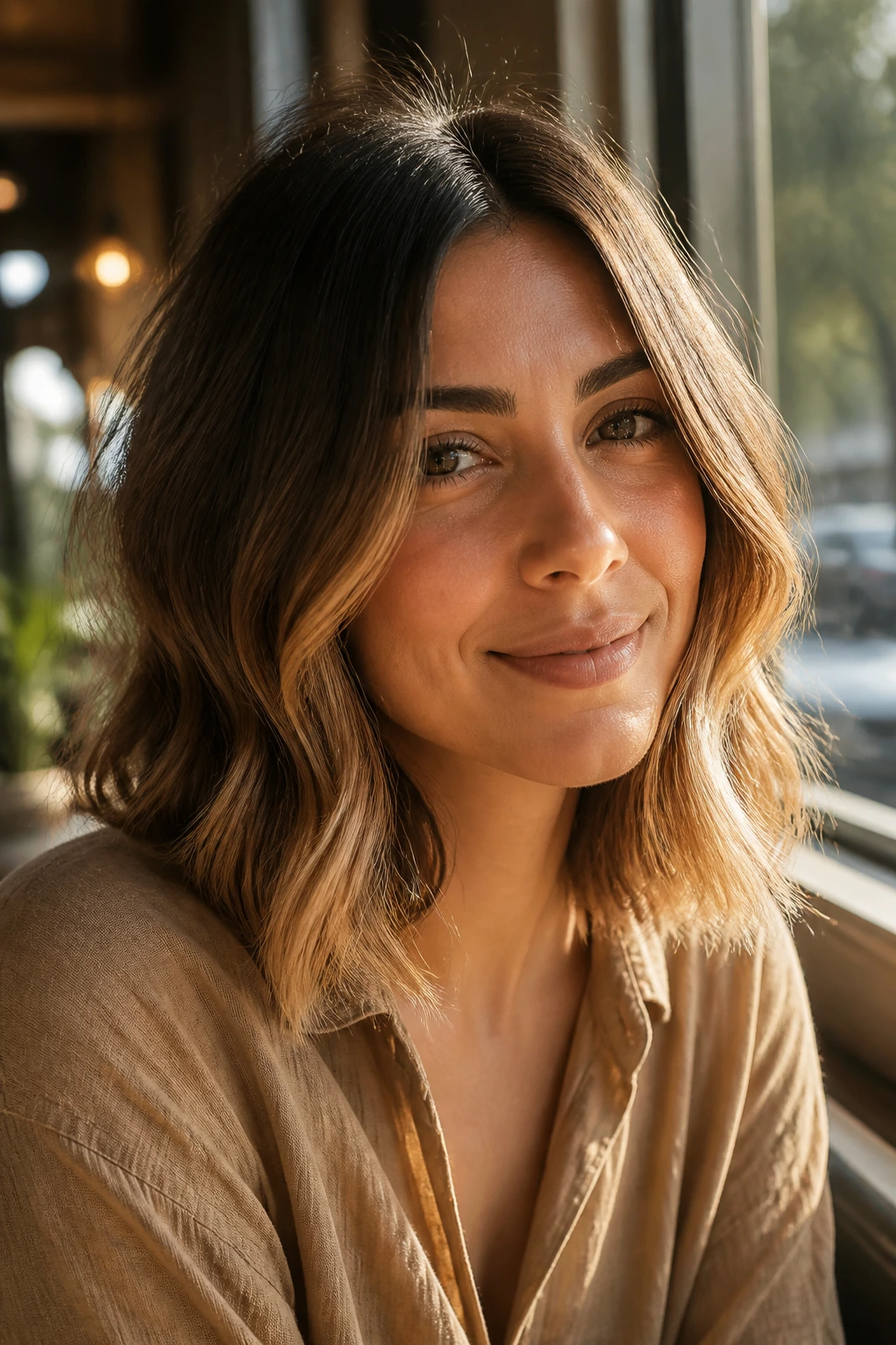 Close-up of a real woman's lob with toffee caramel perimeter lightening