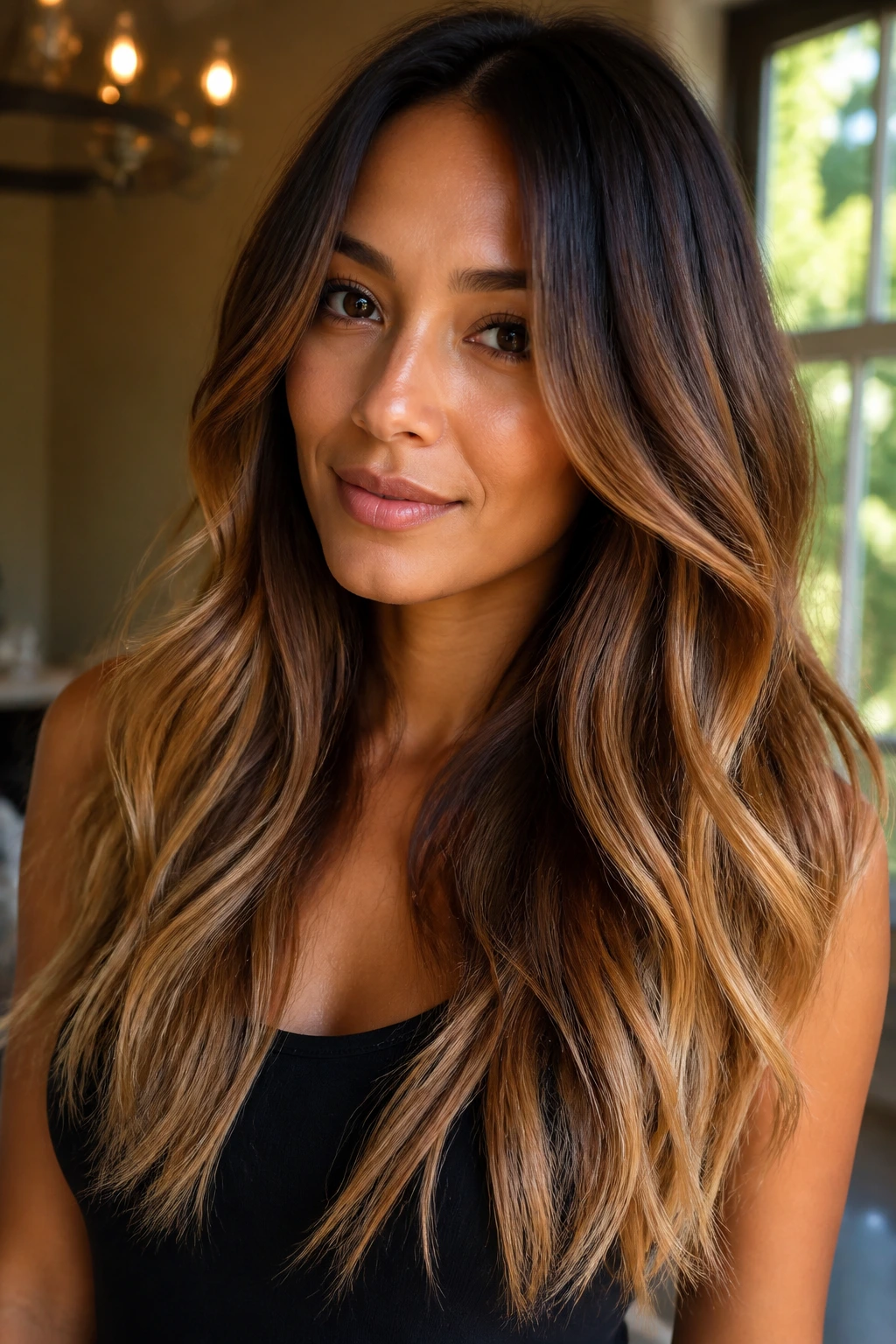 Toffee-cocoa sombré gradient on long hair of a real woman