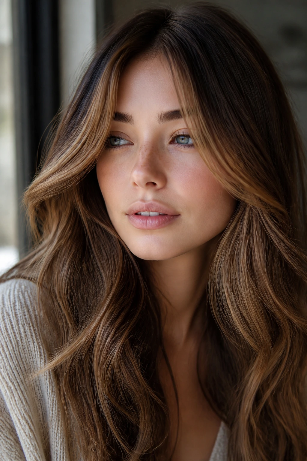 Toffee contour highlights frame the face with warm caramel tones