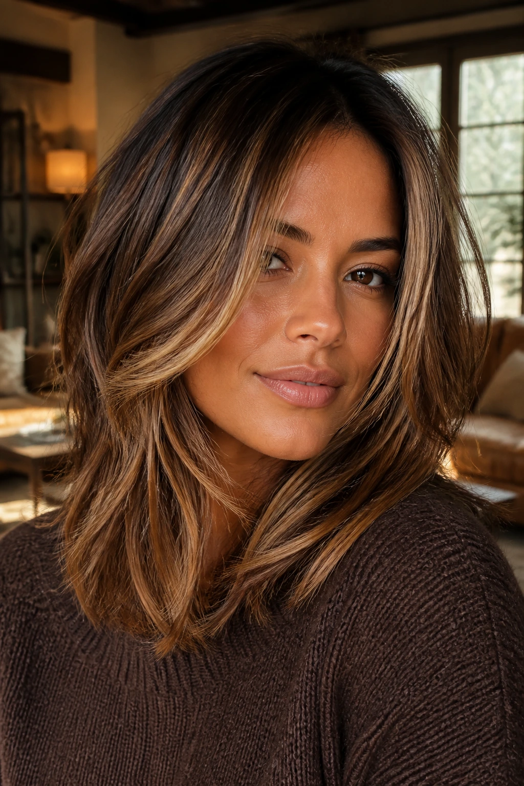 Close-up of a real woman with toffee contour layers highlighting the cheekbones.