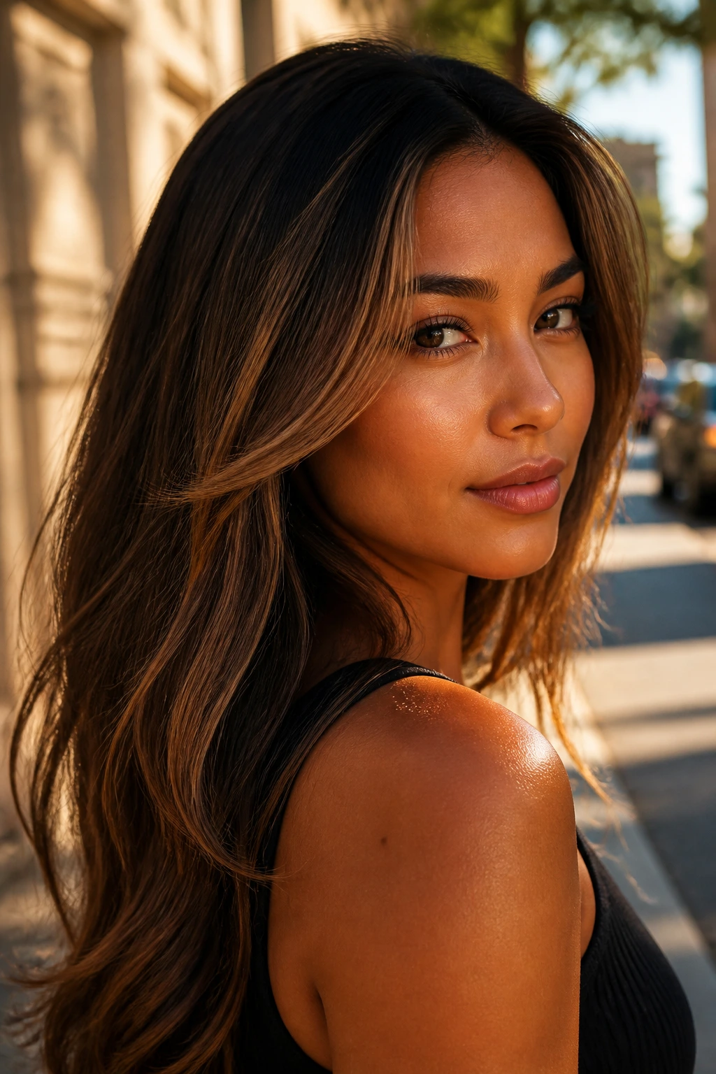 Portrait of a woman with toffee contour highlights around cheekbones and jawline
