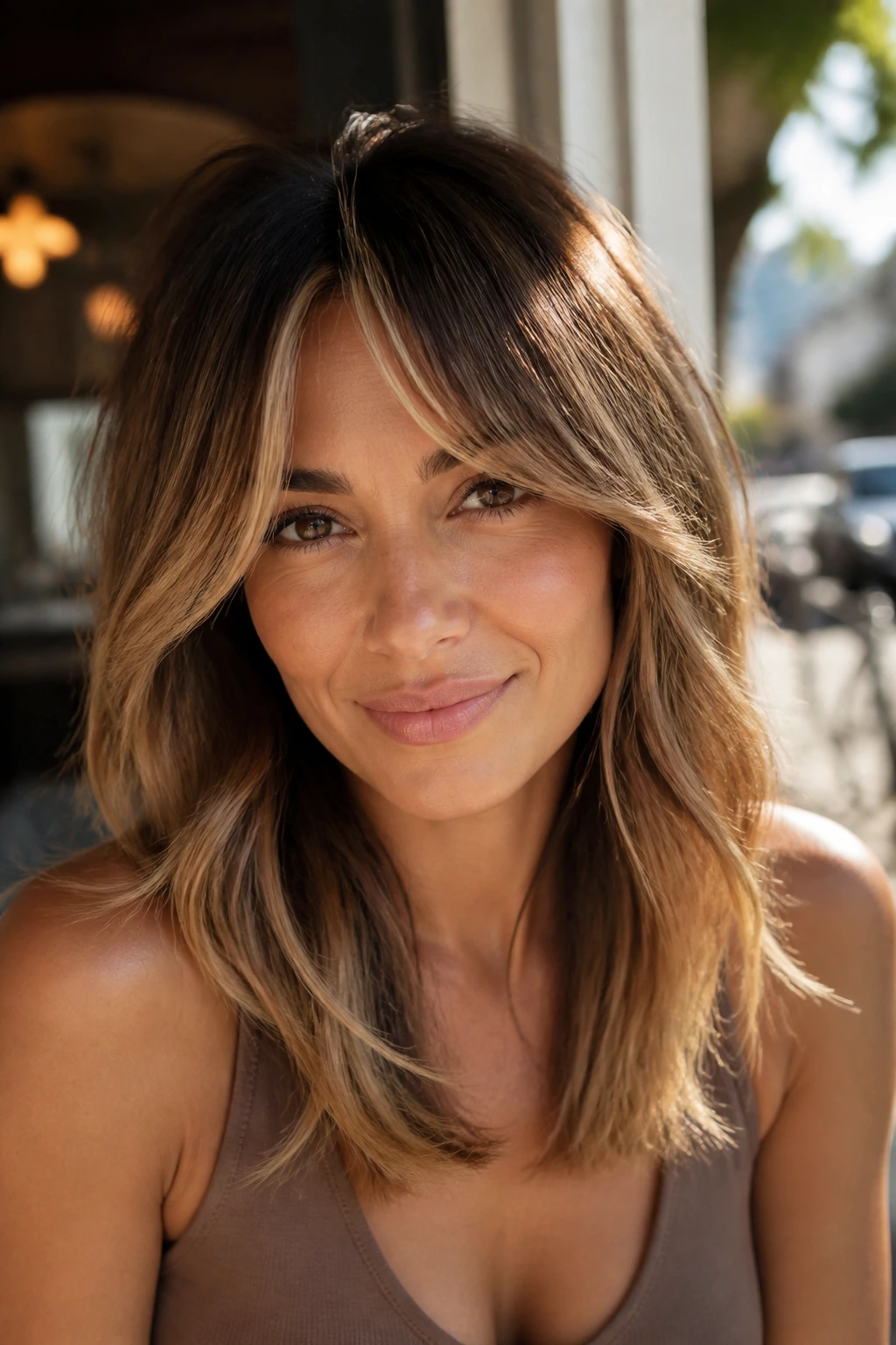 Close-up portrait of a real woman with toffee curtain bangs and layers framing her face