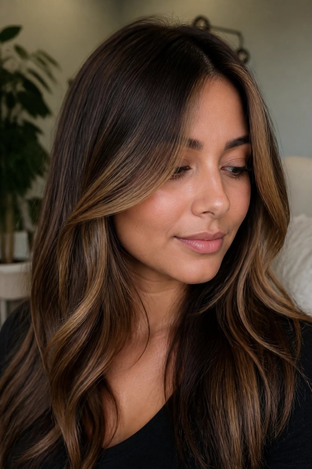 Close-up of brunette with toffee curtain highlights framing the face