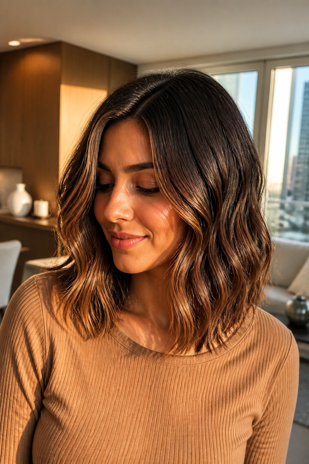 Close-up portrait of a woman with toffee-dipped ends on a lob haircut