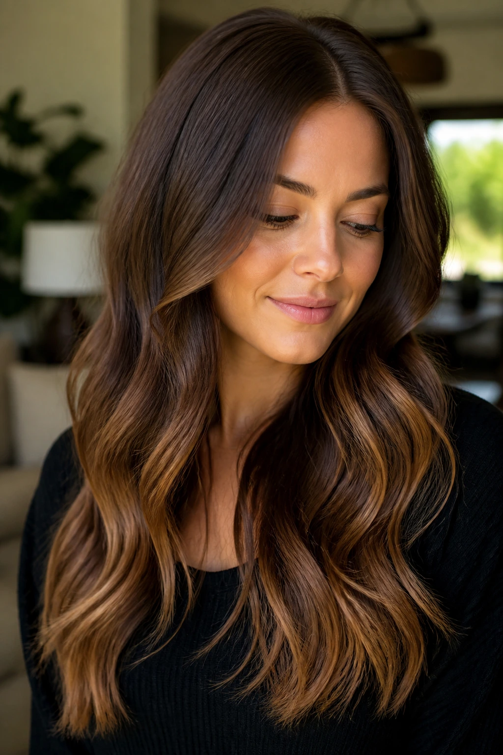 Close-up of a real woman with chestnut hair and glossy toffee-dipped ends