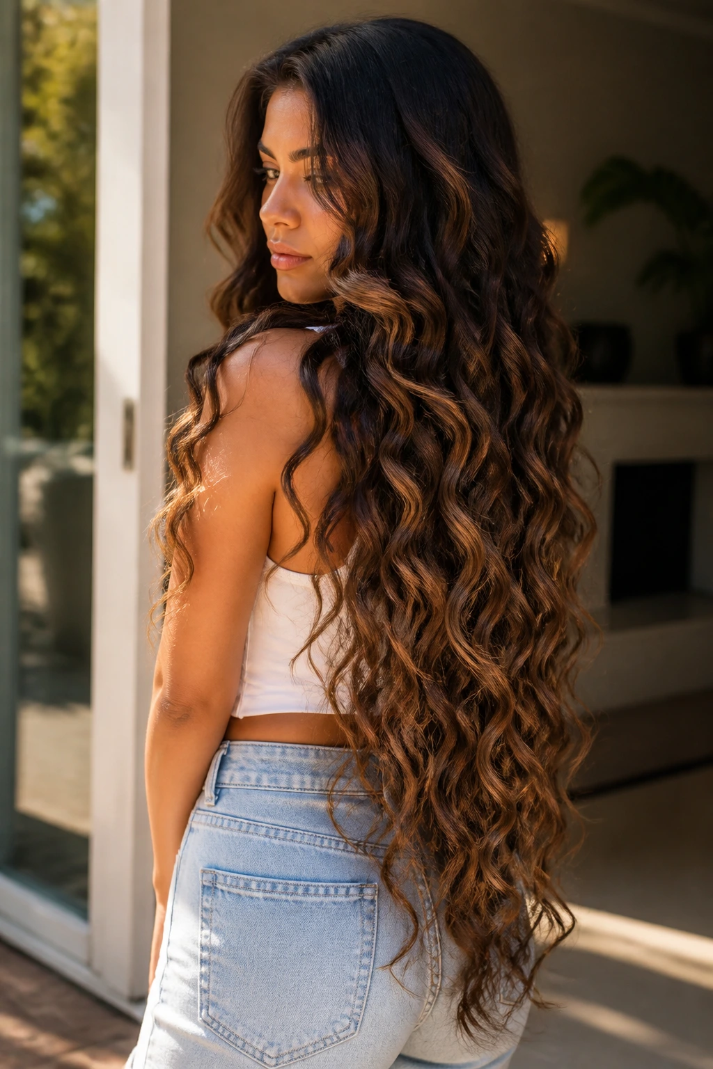 Waist-length curls with toffee drizzle highlights catching sunlight