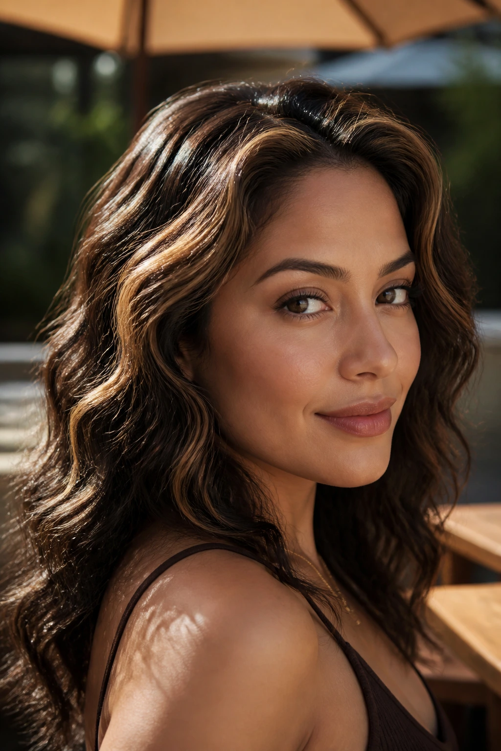 Portrait of a real woman with toffee edge lights along hairline