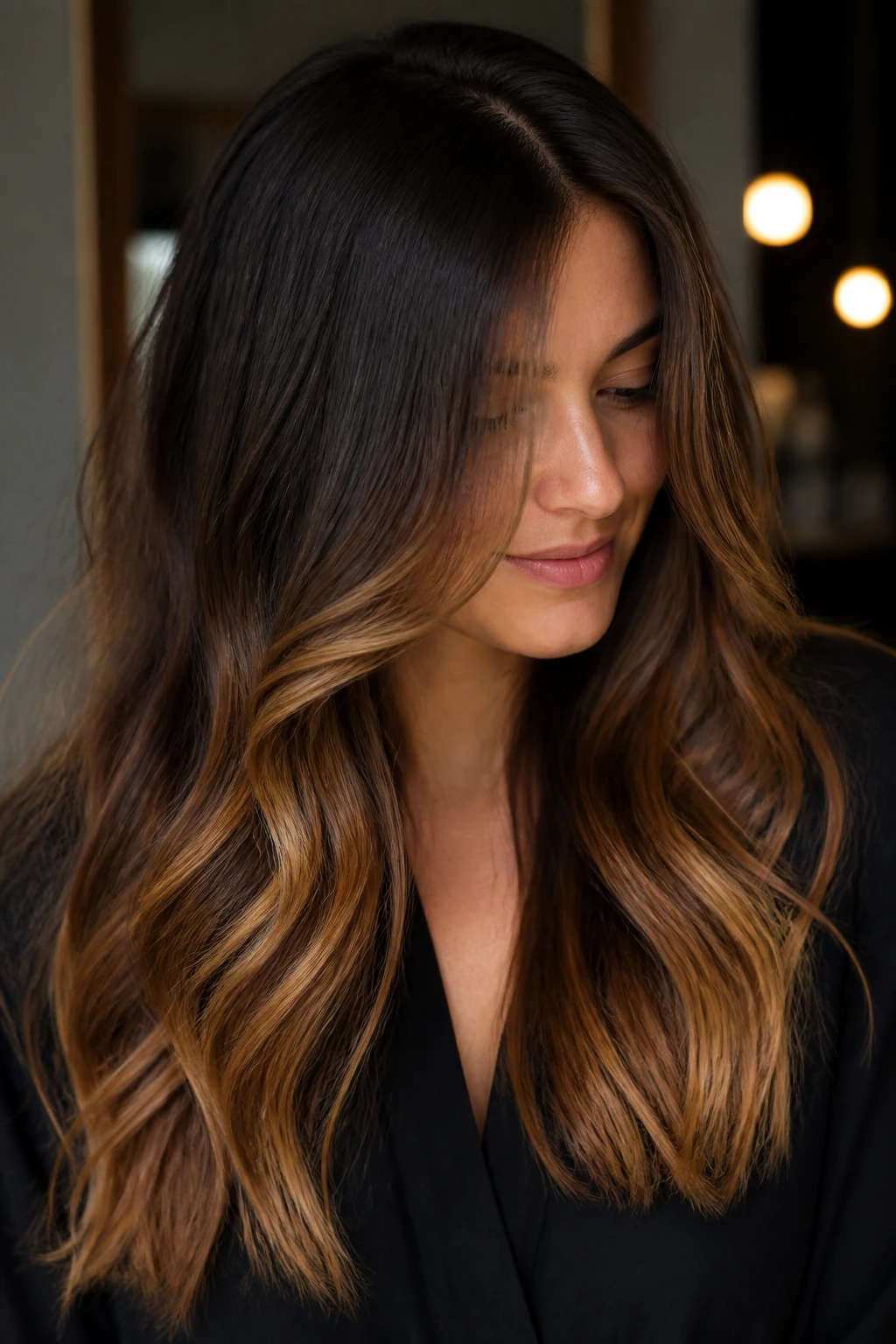 Long brunette hair with melted toffee ends, close-up portrait